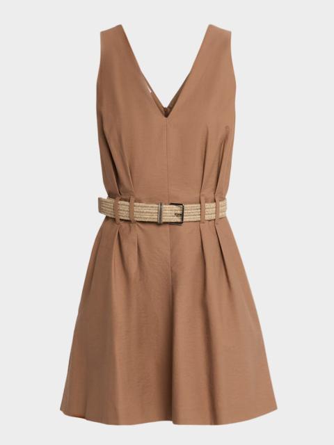 Brunello Cucinelli Crispy Diagonal Cotton Belted Mini Dress