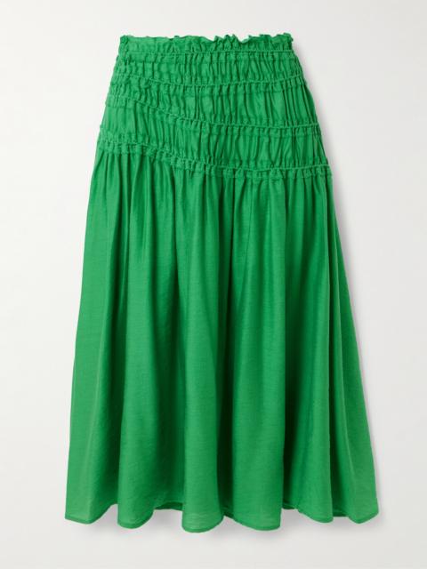 TORY BURCH Ruffled Smocked Lyocell-blend Midi Skirt
