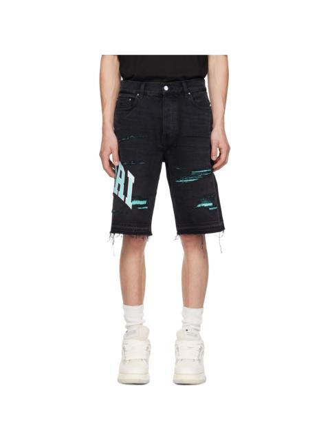 AMIRI Black Embroidered Varsity Logo Repair Denim Shorts