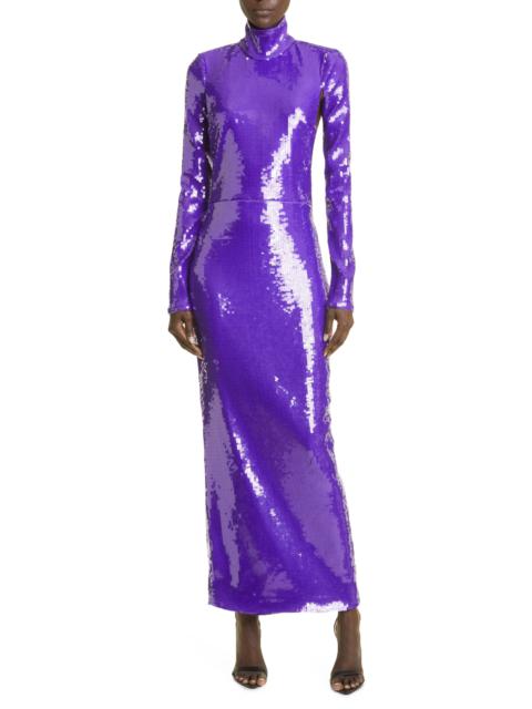 LaQuan Smith Sequin Mock Neck Long Sleeve Cutout Column Gown