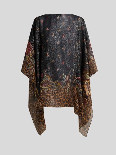Etro SILK PONCHO TOP WITH STRIPED ANIMAL AND FLORAL PAISLEY MOTIF