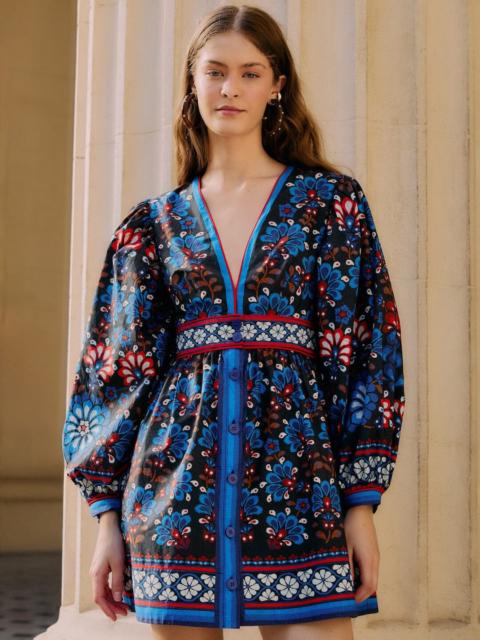 FARM RIO Black Latina Scarf Puff Sleeve Organic Cotton Mini Dress