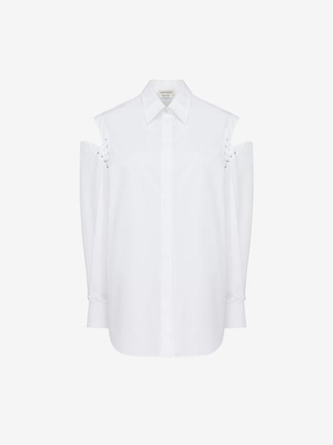 Women's Lace Detail Slashed Cocoon Shirt in Optic White