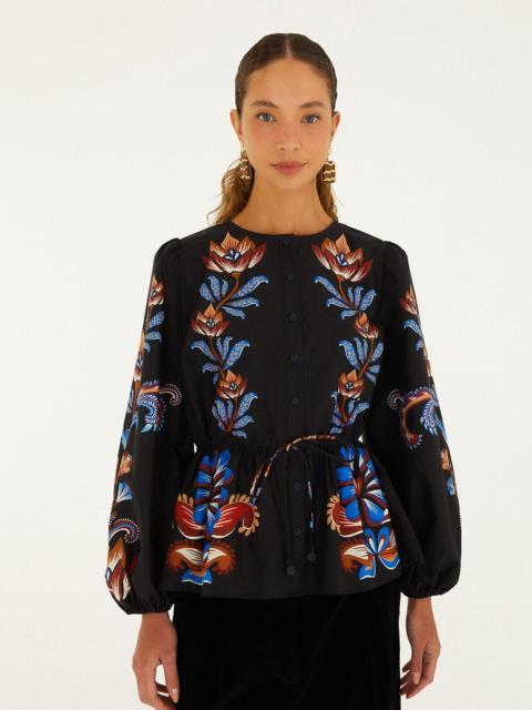 FARM RIO Energy Floral Drawstring Buttoned Blouse