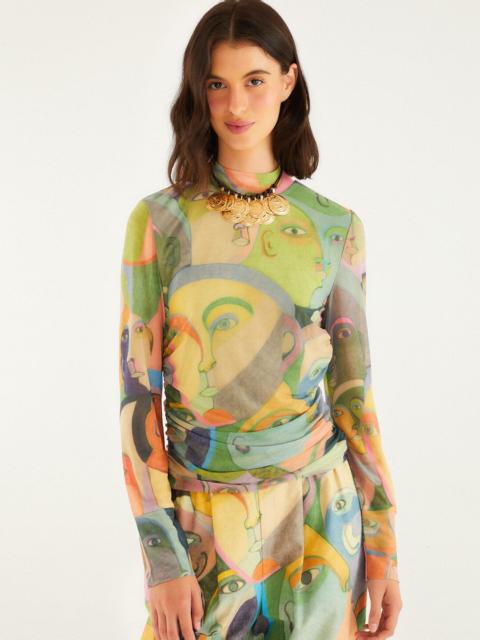 FARM RIO Crowded Series Drawing Long Sleeve Tulle Blouse