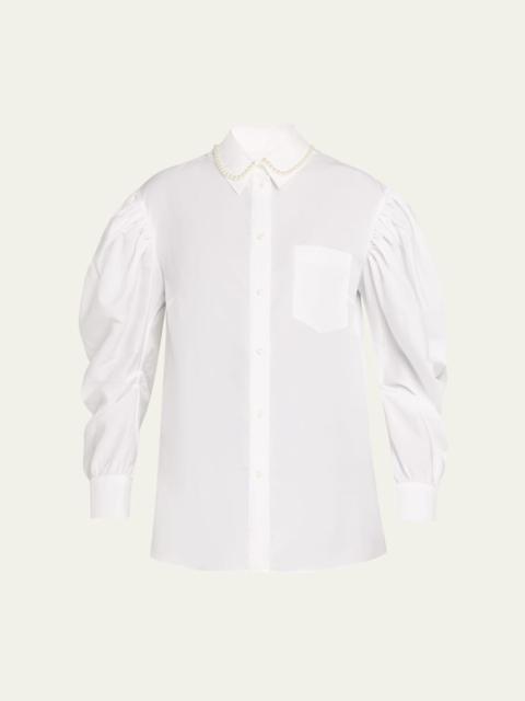 Simone Rocha Pearly-Collar Draped-Sleeve Cotton Button-Down Shirt