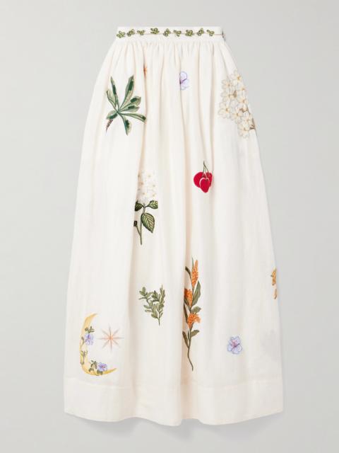 Agua by Agua Bendita Tangelo Appliquéd Embroidered Linen Maxi Skirt