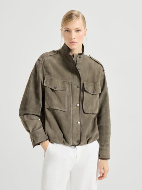 Couture suede outerwear jacket with monili