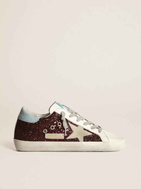 Super-Star sneakers in burgundy glitter with ice-gray suede star and light blue leather heel tab
