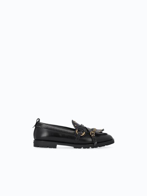 PINKO LEATHER MOCCASINS WITH STRAPS AND FRINGING