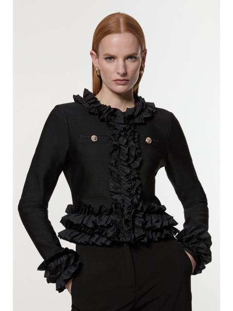 KAREN MILLEN Figure Form Bandage Knit Jacket With Woven Ruffle Trim