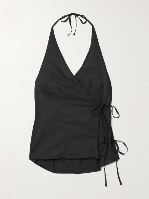 DEIJI STUDIOS Wrap-effect organic cotton-poplin halterneck top Black