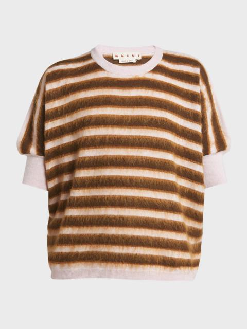 Fuzzy Striped Knit Short-Sleeve Crewneck Sweater