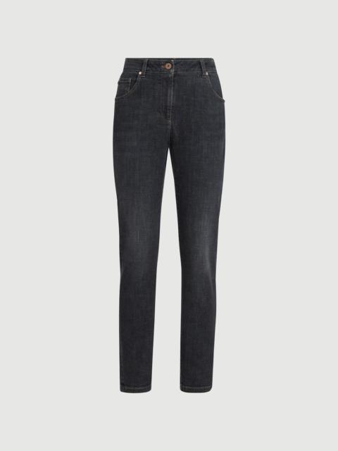 Brunello Cucinelli Stretch denim slim five-pocket trousers with shiny leather tab