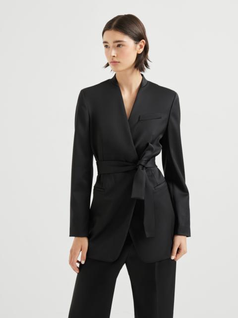 Brunello Cucinelli Virgin wool stretch satin belted blazer with monili