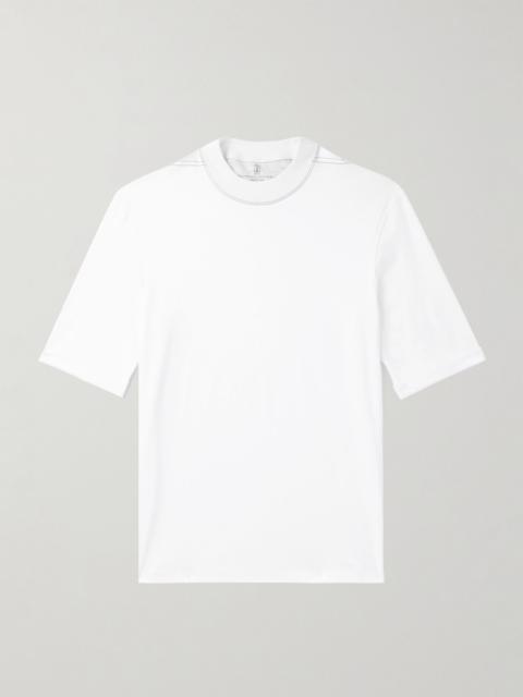 Mock-Neck Cotton-Jersey T-Shirt White