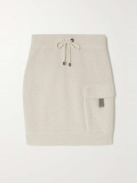 Bead-embellished ribbed cotton mini skirt