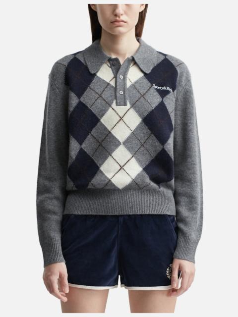 Sporty & Rich SERIF LOGO ARGYLE CASHMERE POLO