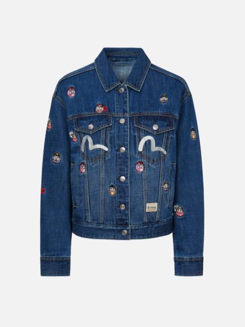 EVISU ALLOVER DARUMA EMBROIDERED DENIM JACKET