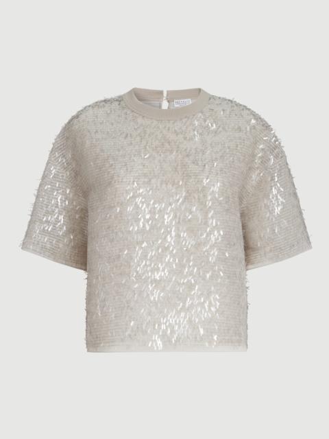 Brunello Cucinelli Dazzling cascade embroidery T-shirt in crispy silk