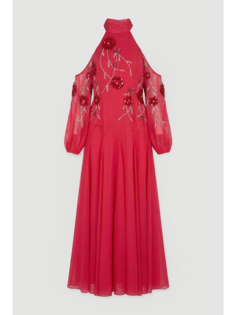 KAREN MILLEN Cold Shoulder 3D Floral Applique Woven Maxi Dress