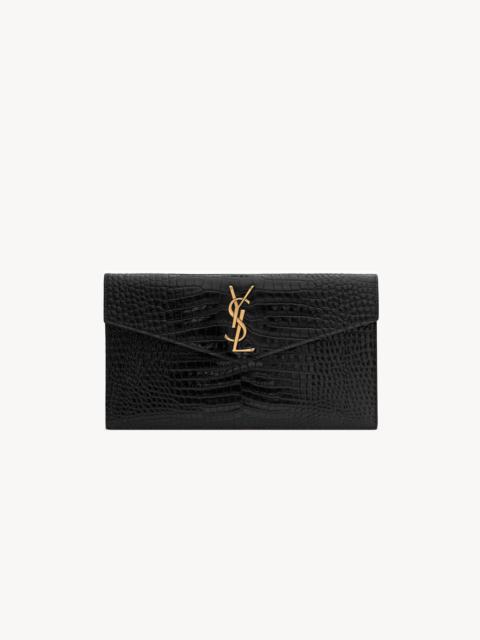 SAINT LAURENT UPTOWN POUCH IN CROCODILE-EMBOSSED SHINY LEATHER