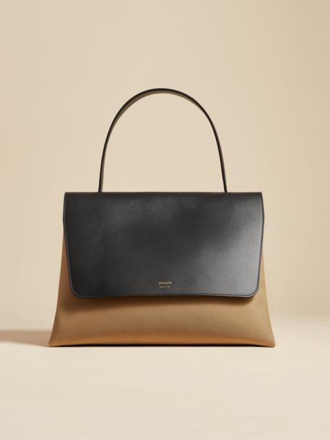 KHAITE The Large Lia Bag in Black Leather and Honey Canvas