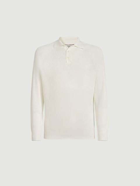 Brunello Cucinelli Cotton English rib knit polo with long raglan sleeves