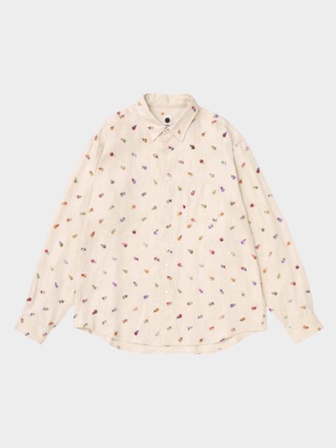 vowels Men's Linen Blend Floral Embroidered Button-Down Shirt