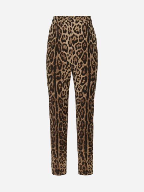 High-waisted pants in leopard-print wool