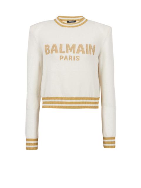 Cropped wool sweatshirt with gold Balmain logo