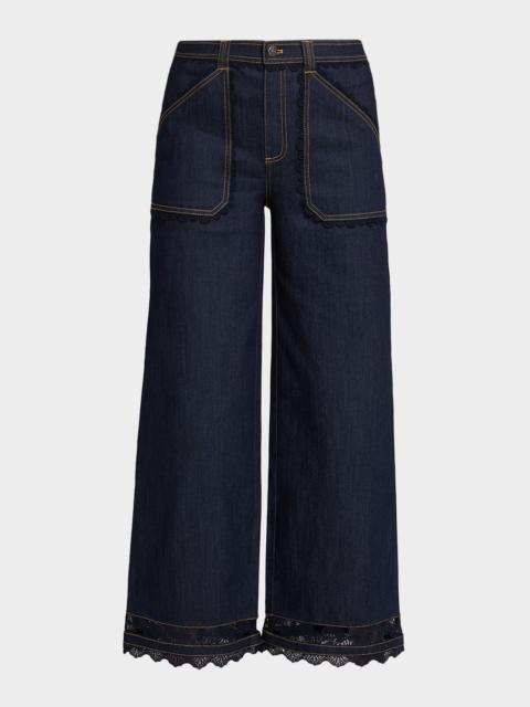 Cinq à Sept Scalloped Lace-Trimmed Wide-Leg Jeans