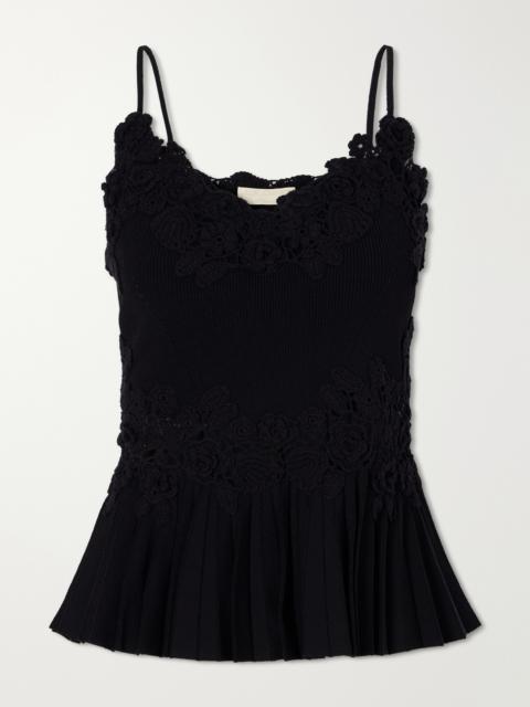 ULLA JOHNSON Estelle Pleated Crochet-trimmed Ribbed Jersey Tank