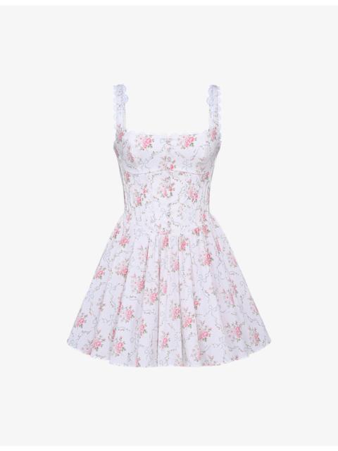 House of CB Sade Floral-Print Lace-Trim Stretch-Cotton Mini Dress