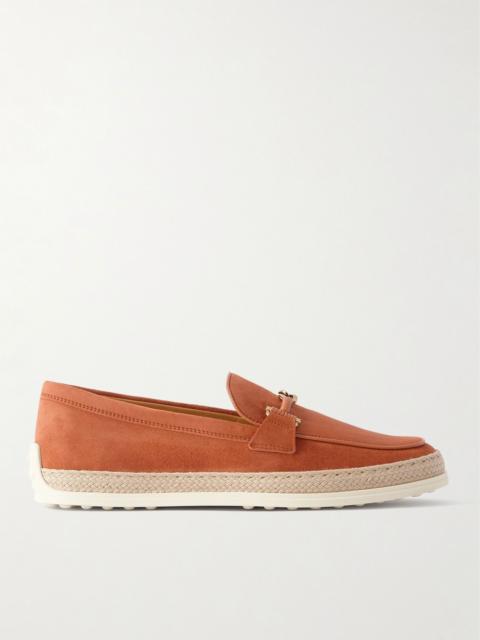 Tod's Gomma embellished leather and raffia-trimmed suede loafers Crimson