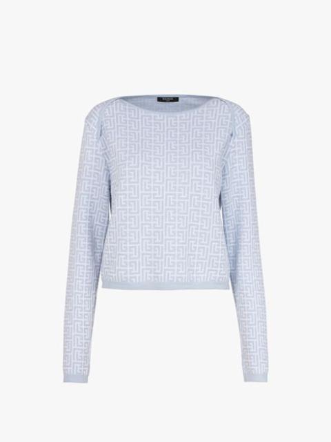 Balmain Cropped pale blue and white Balmain monogram jacquard sweater
