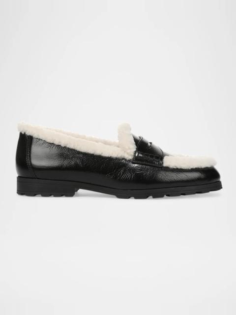 VERONICA BEARD Shearling-Lined Patent Leather Penny Loafers