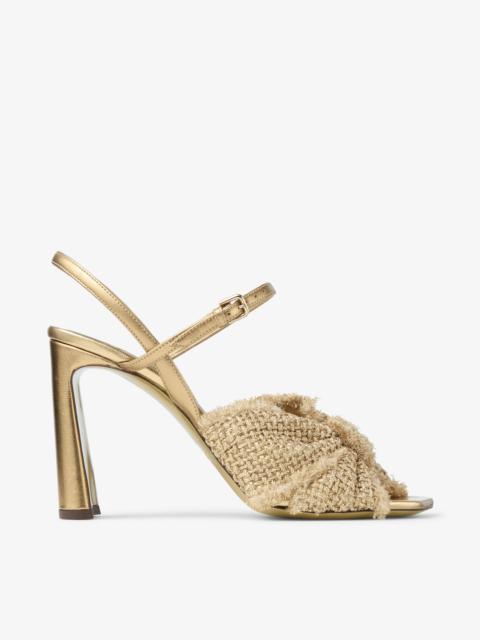 JIMMY CHOO Annika 95
Gold Woven Fabric & Nappa Leather Sandals