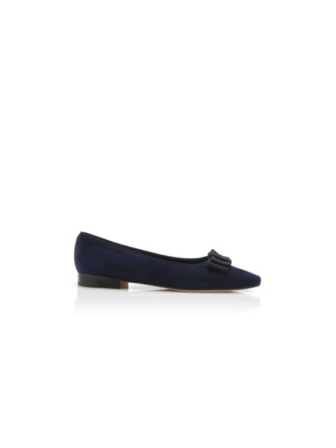 Manolo Blahnik Navy Suede Bow Detail Flat Shoes