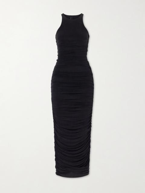 SKIMS Long Ruched Stretch Cupro-jersey Wrap Maxi Dress