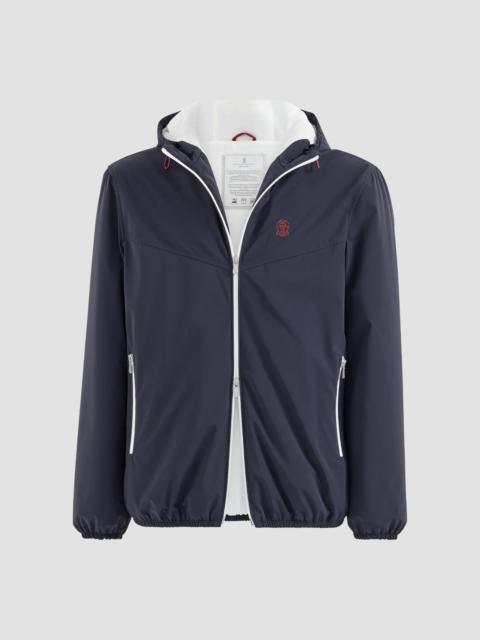 Brunello Cucinelli Men's Bonded Nylon Hooded Outerwear Jacket with Thermore Padding and Logo - Navy Blue