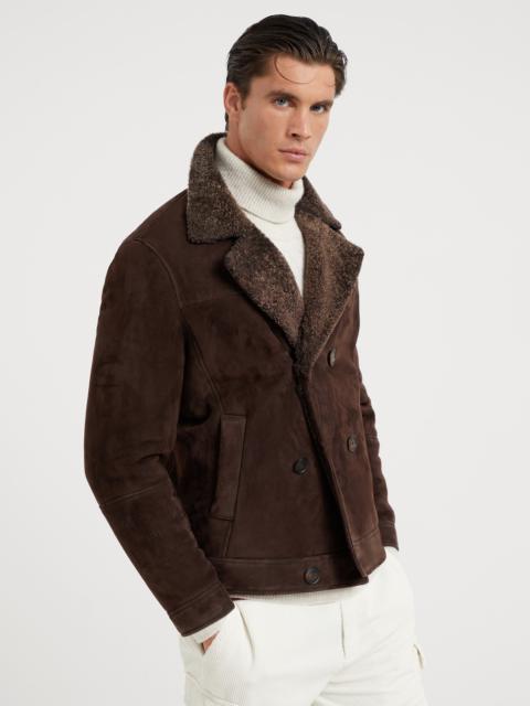 Suede shearling one-and-a-half breasted outerwear jacket