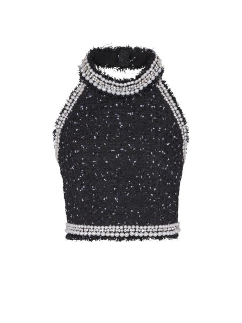 Balmain Embroidered polka-dot tweed halterneck top
