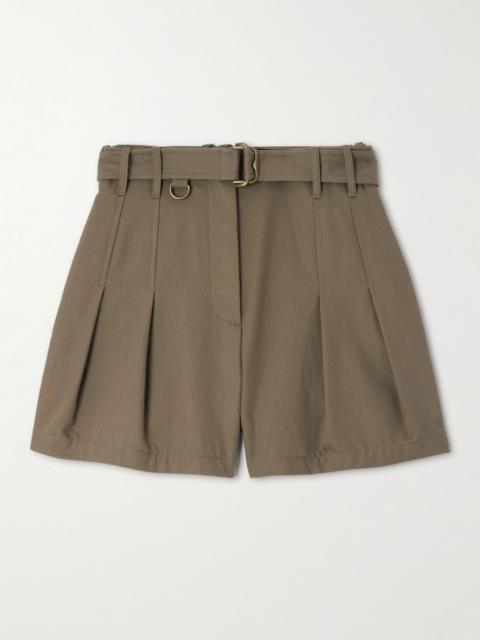 Burberry Belted embellished pleated cotton-gabardine shorts Army green