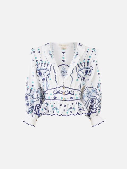 CAMILLA V-NECK BLOUSE WITH RUFFLE DETAILS