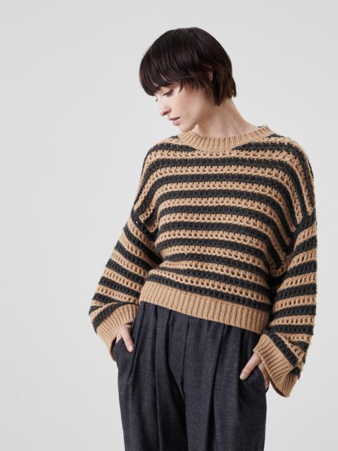 Striped net sweater in virgin wool, cashmere and silk feather yarn