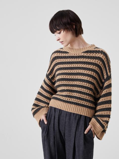 Brunello Cucinelli Striped net sweater in virgin wool, cashmere and silk feather yarn