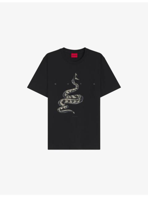 HUGO Snake-Print Short-Sleeved Cotton-Jersey T-Shirt
