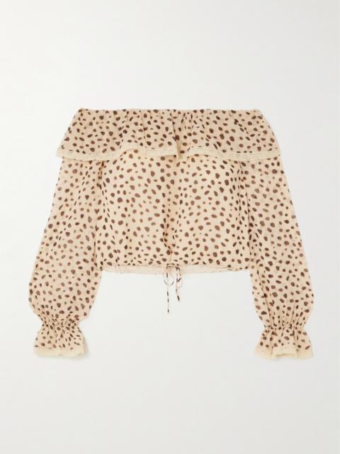 POSSE Priscilla Off-the-shoulder Lace-trimmed Cheetah-print Silk-georgette Blouse
