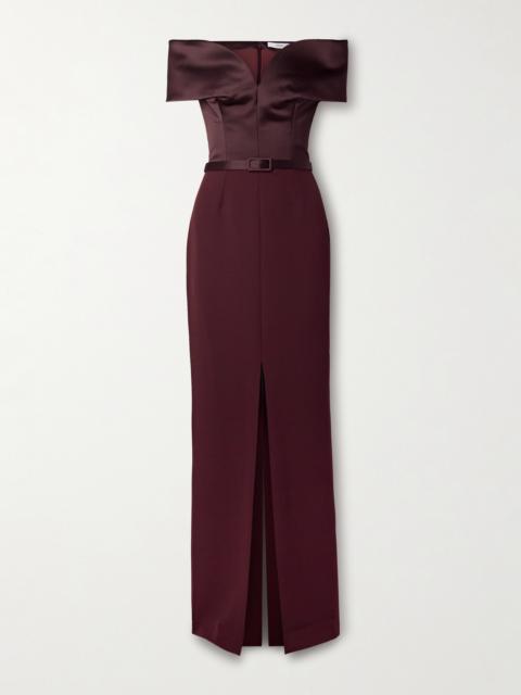 Safiyaa Ebren Off-the-shoulder Belted Duchesse Satin-trimmed Crepe Gown